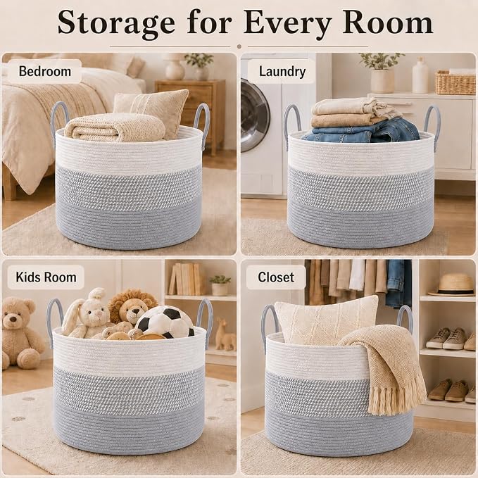 JMvicyroam 115L Extra Large Blanket Basket for Living Room - Woven Cotton Rope Laundry Hamper with Reinforced Handles - Storage Bin for Pillows, Comforters & Toys - Machine Washable,White&Grey Mix