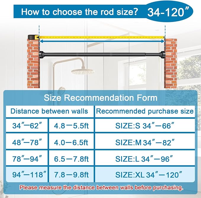 Tension Curtain Rod 34-120In(3-10Ft) with 2 Rod Holders, No Drilling Never Rust Long Shower Curtain Rod, Adjustable Spring Curtain Rod for Large Window or Outdoor Patio, Stainless steel, Matte Black