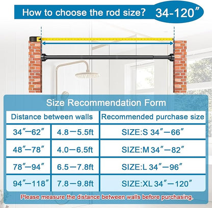 Tension Curtain Rod 34-120In(3-10Ft) with 2 Rod Holders, No Drilling Never Rust Long Shower Curtain Rod, Adjustable Spring Curtain Rod for Large Window or Outdoor Patio, Stainless steel, Matte Black