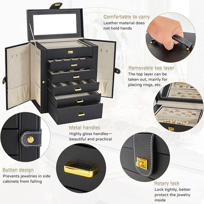 AKOZLIN Huge Jewelry Box Organizer Functional Lockable, Large Leather Jewelry Storage Case for Women Girls Ring Necklace Earring Bracelet Holder Organizer with Mirror