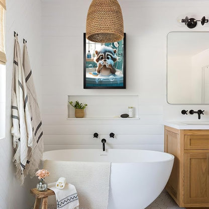 A Raccoon Covered In Foam In The Bathtub For Bathroom Wall Decor Framed Cute Animal Wall Decor For Bathroom Washroom Restroom Decor Rustic Humor Wall Poster (Black Framed) 12x18 Inch