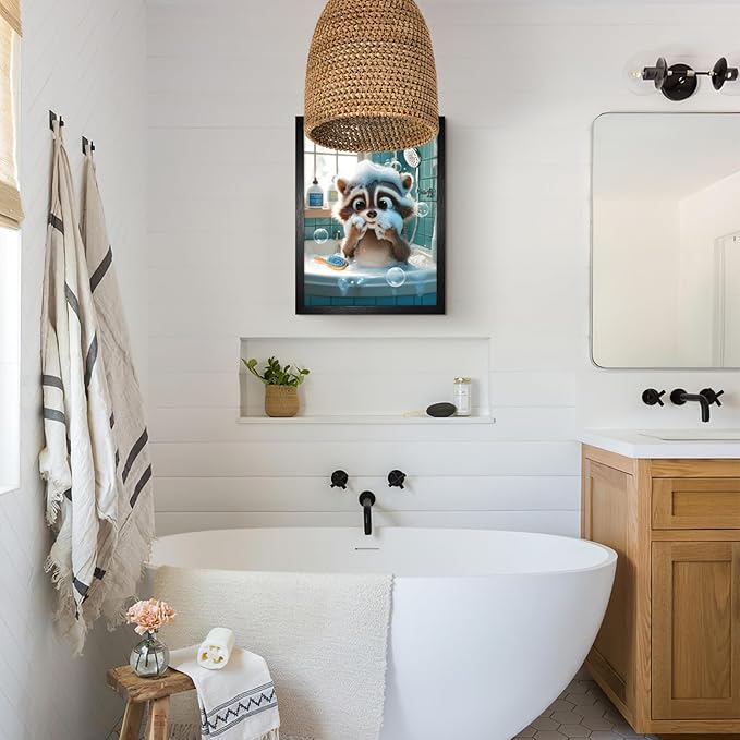 A Raccoon Covered In Foam In The Bathtub For Bathroom Wall Decor Framed Cute Animal Wall Decor For Bathroom Washroom Restroom Decor Rustic Humor Wall Poster (Black Framed) 8x10 Inch