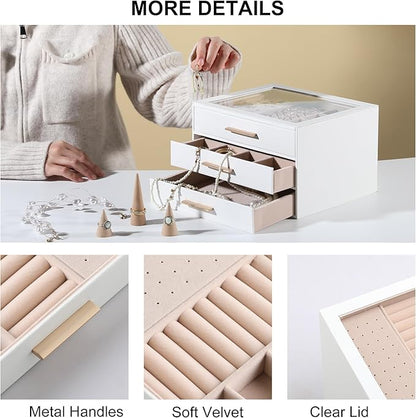 Frebeauty Clear Lid Jewelry Box,3-Layer Jewelry Organizer with Drawer,PU Leather Jewelry Organizers and Storage,Jewelry Boxes for Women,Jewelry Storage for Rings Earring Stud,Gift for Women(White)