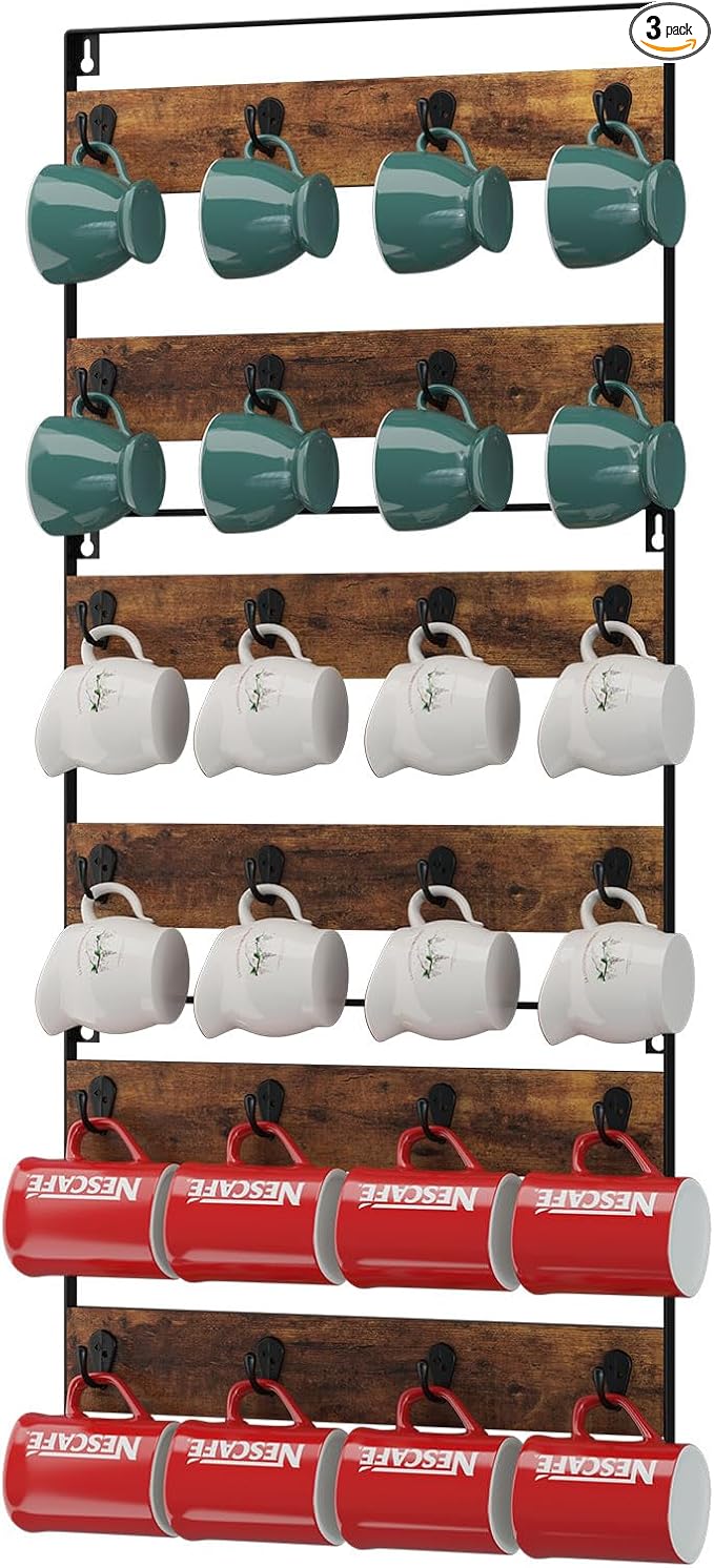 IBUYKE Mug Racks for Wall,Set of 3, 24-Hook Large Coffee Mug Holder Wall Mounted, Rustic Wood Coffee Mug Rack Display Organizer for Kitchen, Home,Bar, Coffee Station,Rustic Brown TBJ005H-3