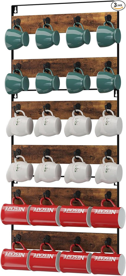 IBUYKE Mug Racks for Wall,Set of 3, 24-Hook Large Coffee Mug Holder Wall Mounted, Rustic Wood Coffee Mug Rack Display Organizer for Kitchen, Home,Bar, Coffee Station,Rustic Brown TBJ005H-3
