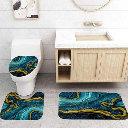 Nkzply 4 Pcs Teal Blue Marble Shower Curtain Set Turquoise Bathroom Sets with Shower Curtain and Rugs Gold Modern Abstract Bathroom Decor Accessories Bathroom Rugs Toilet Lid Cover with Hooks