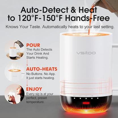 Vsitoo S3 Pro 14oz Smart Self Heating Coffee Mug,Heated Coffee Mug with Auto-Sensing AI Heats Drinks to 120-150°F Hands-Free.Perfect for Home/Office,Ideal Gift fo Men/Women，White