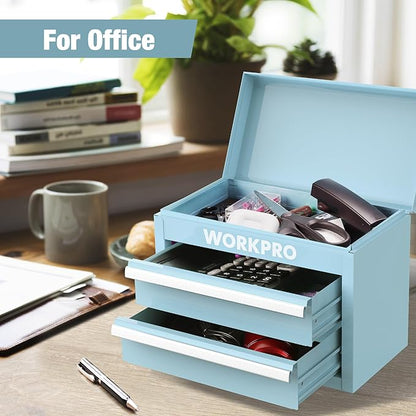 WORKPRO Mini Metal Tool Box with 2 Drawers and Top Storage, Small Tool Chest with PVC Liners and PP Feet Pads, Cold Rolled Steel Toolbox with Magnetic Tab