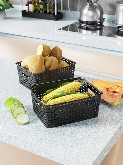 WYT 12-Pack Plastic Small Shelf Storage Weave Baskets for Organizing, Black