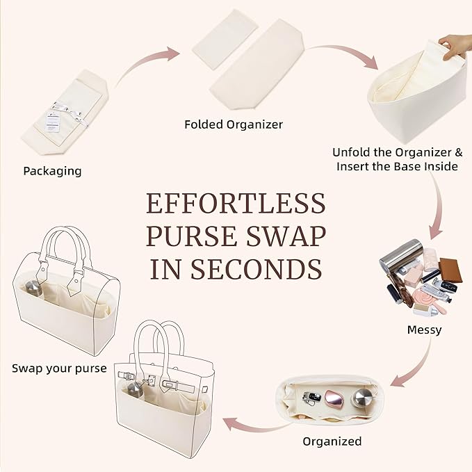 Purse Organizer Insert, Satin Tote Bag Organizer with 8 Sizes, Handbag Dividers for Inside Purse, Compatible with Longchamp, Neverful, 25C Hobo and More Bags（X-Large,Craie）