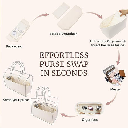 Purse Organizer Insert, Satin Tote Bag Organizer with 8 Sizes, Handbag Dividers for Inside Purse, Compatible with Longchamp, Neverful, 25C Hobo and More Bags（X-Large,Craie）