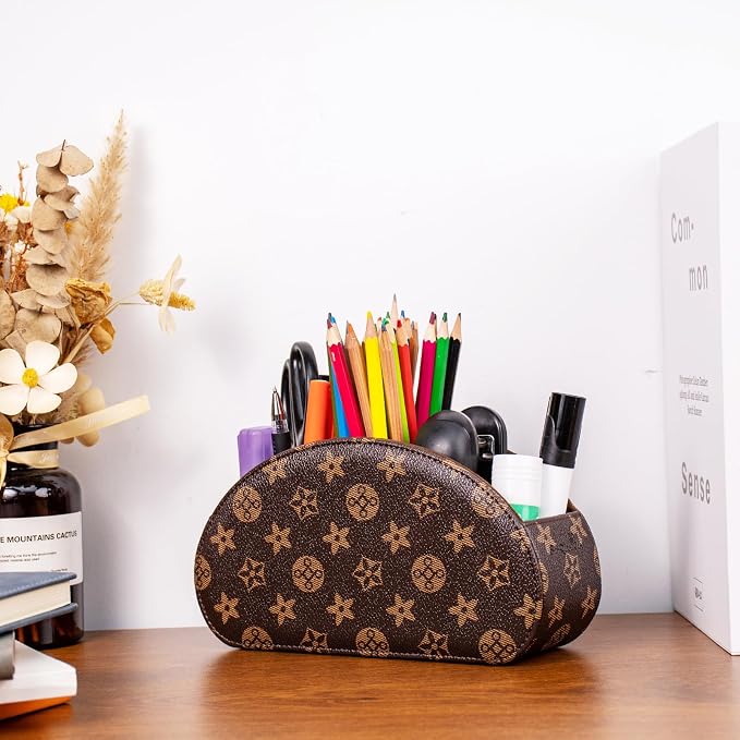 Remote Control Holders Organizer Box with 5 Compartment PU Leather Multi-functional Office Desk Storage Caddy Store Tv Remote for Media Player,Brush,Pencil,Glassees&Office Supplies (Brown+KhakiF)