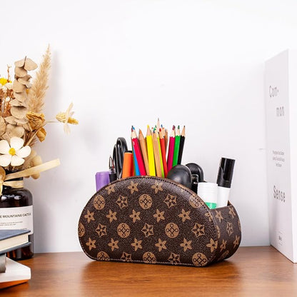 Remote Control Holders Organizer Box with 5 Compartment PU Leather Multi-functional Office Desk Storage Caddy Store Tv Remote for Media Player,Brush,Pencil,Glassees&Office Supplies (Brown+KhakiF)