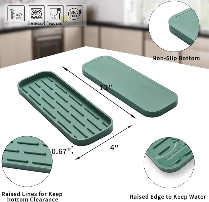 MicoYang Silicone Kitchen Sink Organizer Tray for Multiple Usage,Eco-Friendly Sponges Holder for Kitchen Bathroom Counter or Sink,Dish Soap Dispenser,Scrubber,Bottle,Cup (Green, 12"×4")