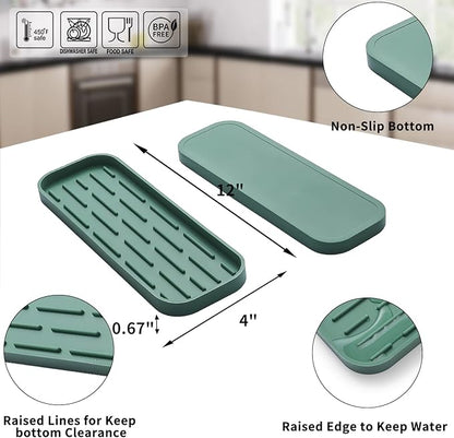 MicoYang Silicone Kitchen Sink Organizer Tray for Multiple Usage,Eco-Friendly Sponges Holder for Kitchen Bathroom Counter or Sink,Dish Soap Dispenser,Scrubber,Bottle,Cup (Green, 12"×4")