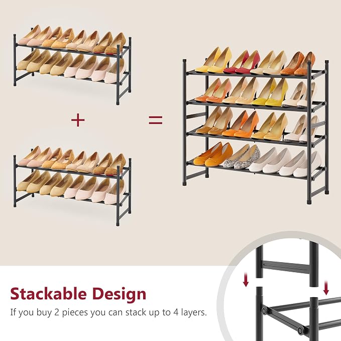 Tajsoon Expandable Shoe Rack for Closet 2 Tier, 28“-41“ Adjustable & Stackable Shoe Shelf Storage, Metal Shoe Rack Organizer for Front Door Entrance, Closet, Garage, Entryway, Black
