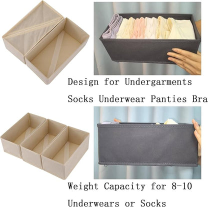 Bructhun Sock Drawer Organizer 6 Pack - Collapsible Fabric Storage Bins for Underwear Divider, Small Closet Organizers with 6 Compartments, Beige