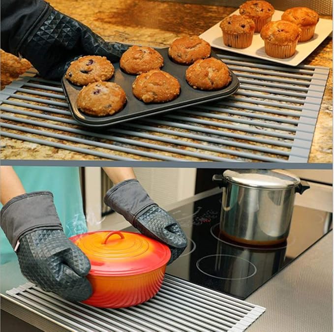 Roll Up Dish Drying Rack Over The Sink.Foldable Kitchen Drainer,Fully Silicone Cover Stainless Steel Bar,Heat-Resistant, Anti-Slip Sink Rack for Kitchen Counter Multipurpose.