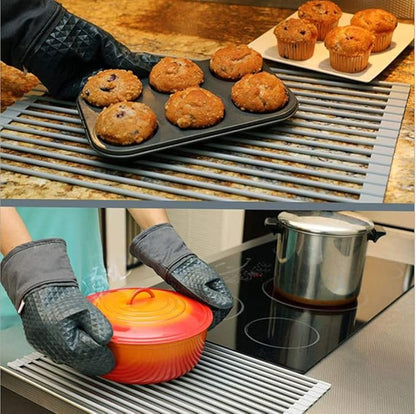 Roll Up Dish Drying Rack Over The Sink.Foldable Kitchen Drainer,Fully Silicone Cover Stainless Steel Bar,Heat-Resistant, Anti-Slip Sink Rack for Kitchen Counter Multipurpose.