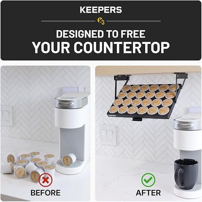 COFFEEKEEPERS KEEPERS Under Cabinet K Cup Holder with Swing-Down Access – Space-Saving Coffee Pod Holder and K Cup Organizer for 24 Pods – Steel Coffee Pod Organizer with Easy DIY Installation