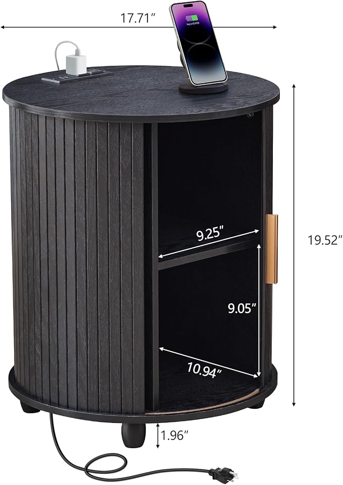 Fluted Round End Table with Charging Station, Farmhouse Small Sofa Side Table with Sliding Tambour Door & Storage, Mid-Century Wood Fulted Nightstands for Living Room, Bedroom ((Black)
