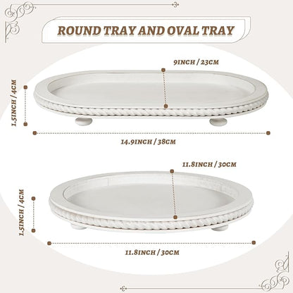 Urban Deco Wooden Tiered Tray, Oval and Round Tray Set of 2, Farmhouse Vintage Decorative Tray Stand for Coffee Table, White Serving Tray for Living Room Kitchen Home Decor - 1 Set