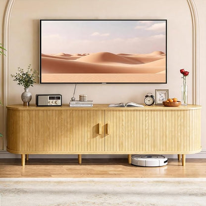 70" Mid Century Modern TV Stand with Power Outlet, Fluted Entertainment Center with Storage and Adjustable Shelves, Wood TV Console with Sliding Doors for Living Room, Oak
