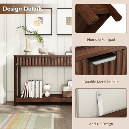 Set of 2 Console Table with Drawers, Modern 47.1" Entryway Table with Storage Shelf, Boho Narrow Skinny Behind Couch Wood Sofa Table for Living Room Hallway Entrance Foyer,Walnut