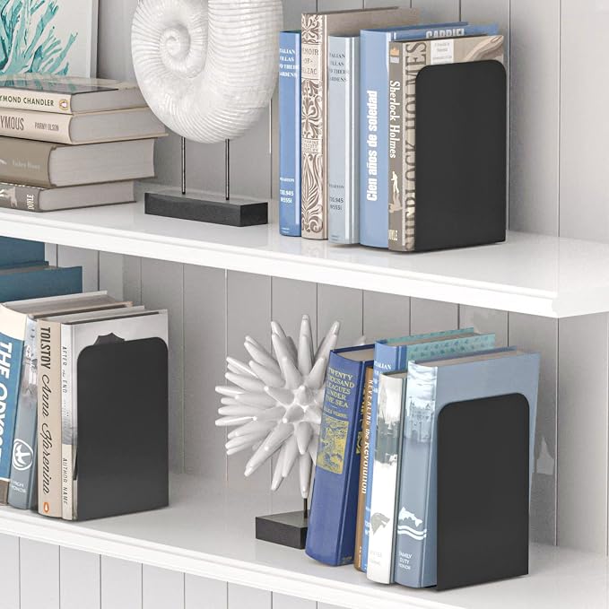 VFINE Metal Bookends 2 Pairs, Black Book Ends, Bookends for Shelves, Book Stopper for Heavy Books, Book Dividers for Home Office School Supplies
