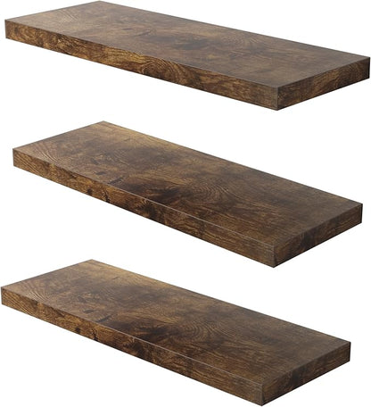 JPND Floating Shelf, Set of 3 Wall Shelf, 36 in W x 12.75 in D x 2 in H Wooden Floating Wall Shelf with Invisible Brackets for Living Room/Bedroom/Bathroom/Kitchen Storage and Decor, Rustic Brown