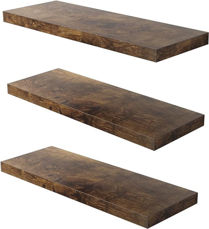 JPND Floating Shelf, Set of 3 Wall Shelf, 30 in W x 12.75 in D x 2 in H Wooden Floating Wall Shelf with Invisible Brackets for Living Room/Bedroom/Bathroom/Kitchen Storage and Decor, Rustic Brown