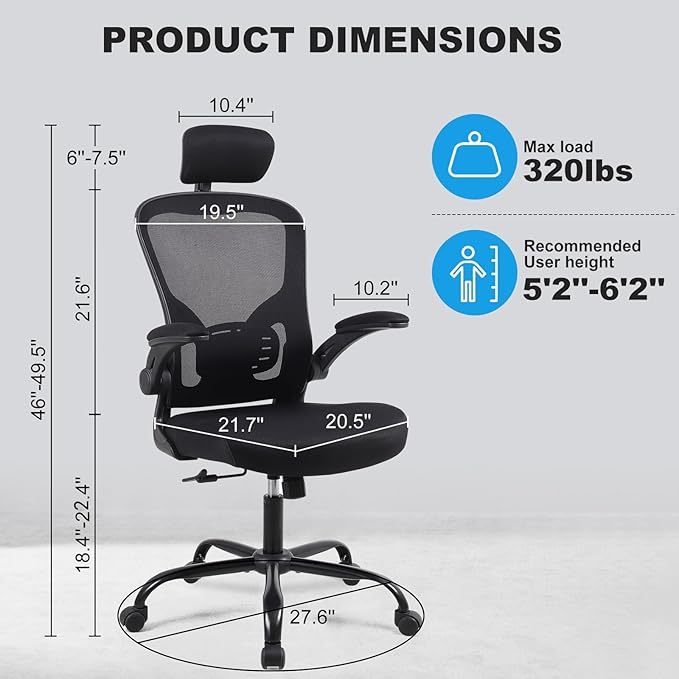 Ergonomic Office Desk Chair- Mesh Home Office Desk Chair with Headrests & Adjustable Armrests,Executive Rolling Chair
