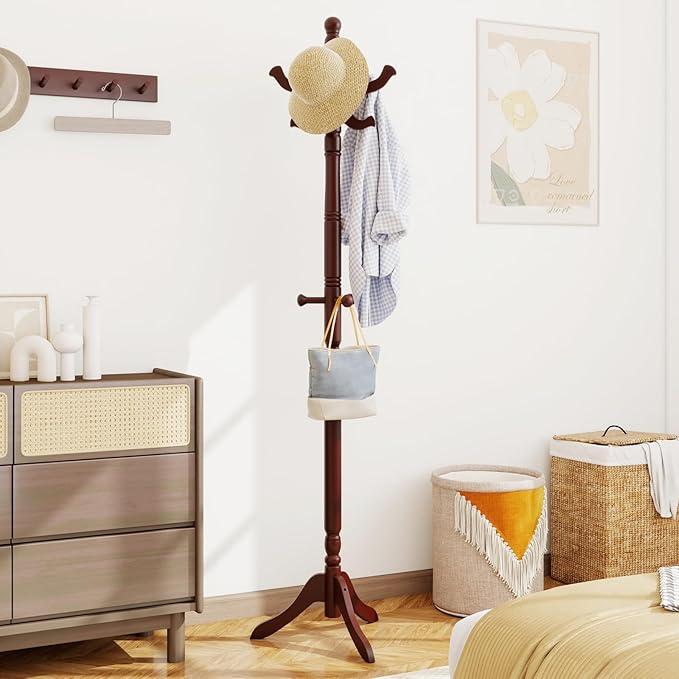 Giantex Solid Wood Coat Rack, Freestanding Hall Tree with 3 Adjustable Heights and 11 Hooks, Rubber Wood Frame, Entryway Hanger Stand, Wooden Garment Rack for Hallway, Living Room (Reddish Brown)