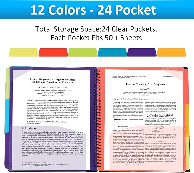 HABGP 24 Pocket Plastic folders with Pockets, 12 Colors Multi Pocket Folder Binder with Dividers, Office Organizer Folder Letter Size School Supplies