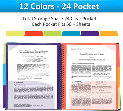 HABGP 24 Pocket Plastic folders with Pockets, 12 Colors Multi Pocket Folder Binder with Dividers, Office Organizer Folder Letter Size School Supplies