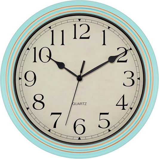 Foxtop 14 Inch Wall Clock Battery Operated Silent Non-Ticking Round Classic Vintage Retro Wall Clock Decorative for Living Room Kitchen Home Office (Light Turquoise)