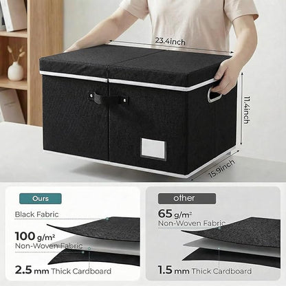 PRANDOM Storage Boxes with Lids [3-Pack] Fabric Collapsible Storage Bins Organizer Containers Baskets Cube with Cover for Home Bedroom Closet Office Nursery Black（23.4X15.9X11.5