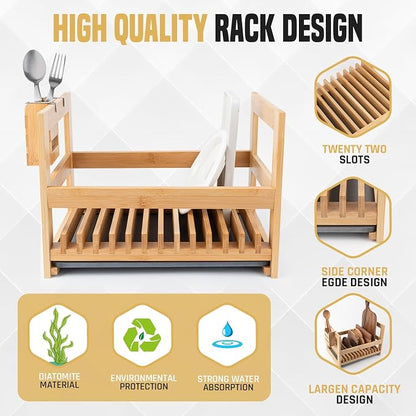Bamboo Dish Drying Rack with Utensil Holder, Stone Dish Drying Mat, Wooden Dish Drying Rack, Functional Kitchen Organizer, Dish Drainer