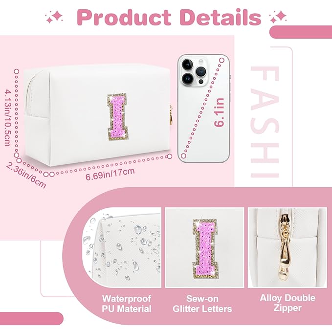 Small Initial Patch Makeup Bag Personalized Gifts Make Up Bag,White Cute PU Leather Glitter Letter Cosmetic Bag with Zipper,Trendy Portable Travel Toiletry Pouch,Preppy Stuff for Teen Girls Women I