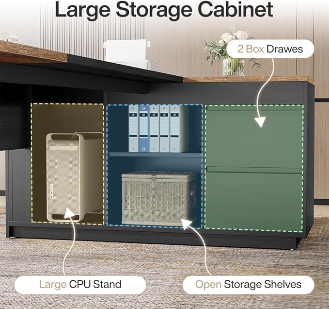 Tribesigns 78" L Shaped Executive Desk with Drawers, Large Office Computer Desk with Cabinet and Storage Shelves, Modern Business Furniture Sets Workstation for Home Office (Brown/Black)