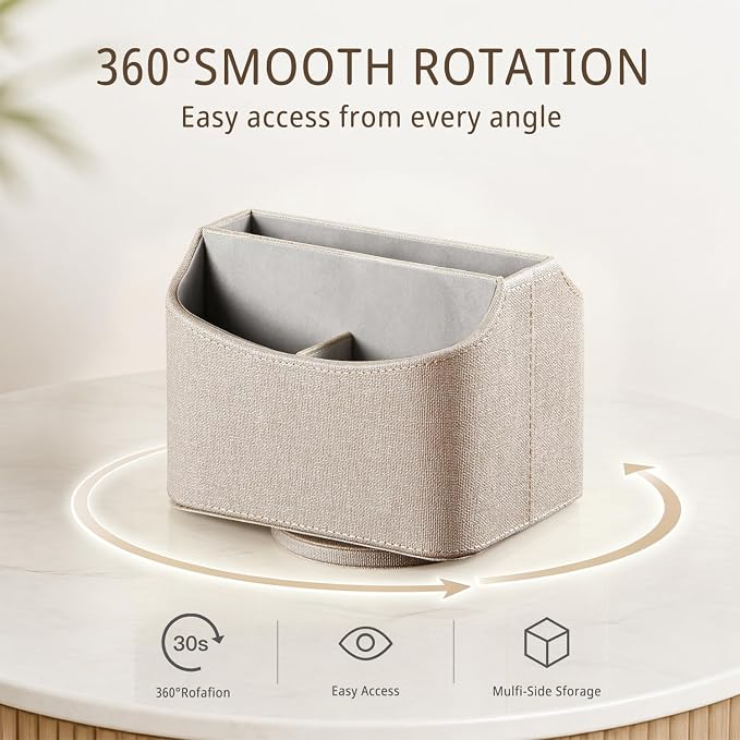 PUSU Leather 360°Rotatable Remote Control Holder,Nightstand TV Remote Caddy,Office Supplies Desktop Organizer,Spinning Storage Box for Pen,Mail,Phone,DVD, Blu-Ray, Media Player, Heater Controllers
