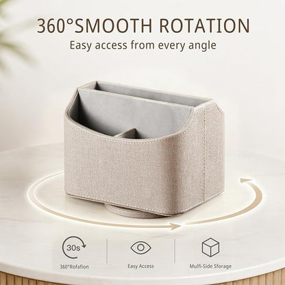 PUSU Leather 360°Rotatable Remote Control Holder,Nightstand TV Remote Caddy,Office Supplies Desktop Organizer,Spinning Storage Box for Pen,Mail,Phone,DVD, Blu-Ray, Media Player, Heater Controllers