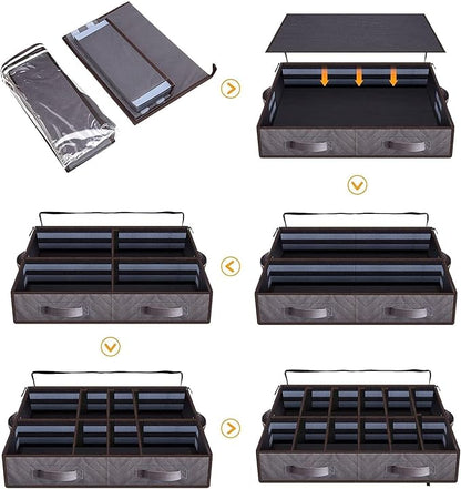 Under Bed Shoe Storage Organizer, Set of 2, Sturdy Structure, Adjustable Dividers, Reinforced Handle, Sturdy Zipper, Underbed Storage Solution with Clear Window, Breathable, Gray