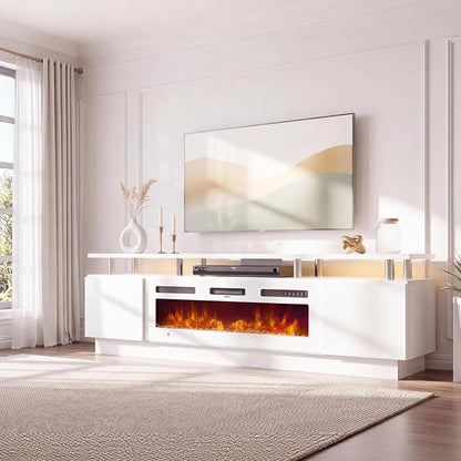 90" TV Stand for Living Room, Large Entertainment Center & Media Console, Fits TVs up to 100", Storage Cabinet with Shelves, 50" Electric Fireplace, All White