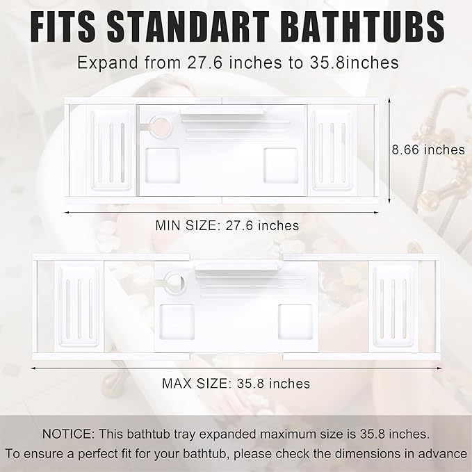 Bathtub Tray Caddy,Premium Bamboo Expandable Bath Tub Trays Table, Foldable Bathroom Accessories,Great House Warming, Anniversary and Birthday Gifts,White