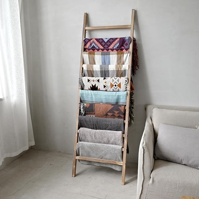 FUIN 6.4ft Extra Wide Wooden Blanket Ladder Living Room Decorative Wal Leaning Farmhouse Quilt Display Holder Rustic Wood Towel Rack for Bathroom, Burnt Brown, 24 inch Wide with 11 Rungs