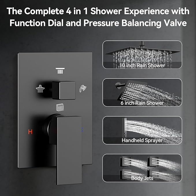 Shower System with Body Jets, Bostingner Four Modes Shower Faucet 10+6" Rain Shower Head with Handheld Spray 2 Ways, 4Pcs Shower Jets System in Wall Shower Faucet Sets Complete, Matte Black