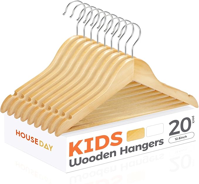 HOUSE DAY Wooden Baby Hangers for Closet 20 Pack, Kids Wooden Hangers for Baby Clothes, Heavy Duty Wood Toddler Coat Hanger with Non Slip Pant Bar, 360° Swivel Hook, Shoulder Notches, Natural