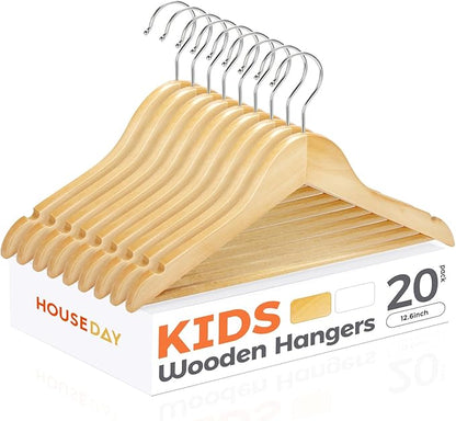 HOUSE DAY Wooden Baby Hangers for Closet 20 Pack, Kids Wooden Hangers for Baby Clothes, Heavy Duty Wood Toddler Coat Hanger with Non Slip Pant Bar, 360° Swivel Hook, Shoulder Notches, Natural