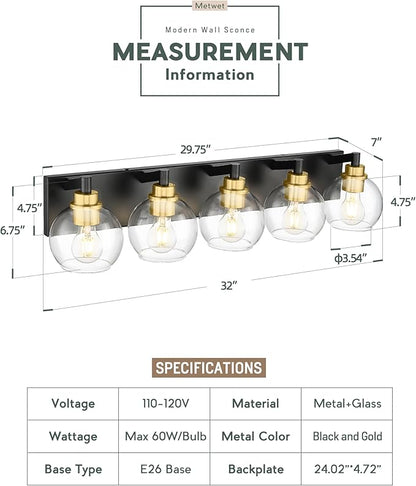 Bathroom Light Fixtures, 5-Light Black and Gold Bathroom Vanity Light, 32 Inch Modern Wall Sconces with Globe Clear Glass Shade, Vanity Lighting Fixtures Over Mirror, VL195-KG-5